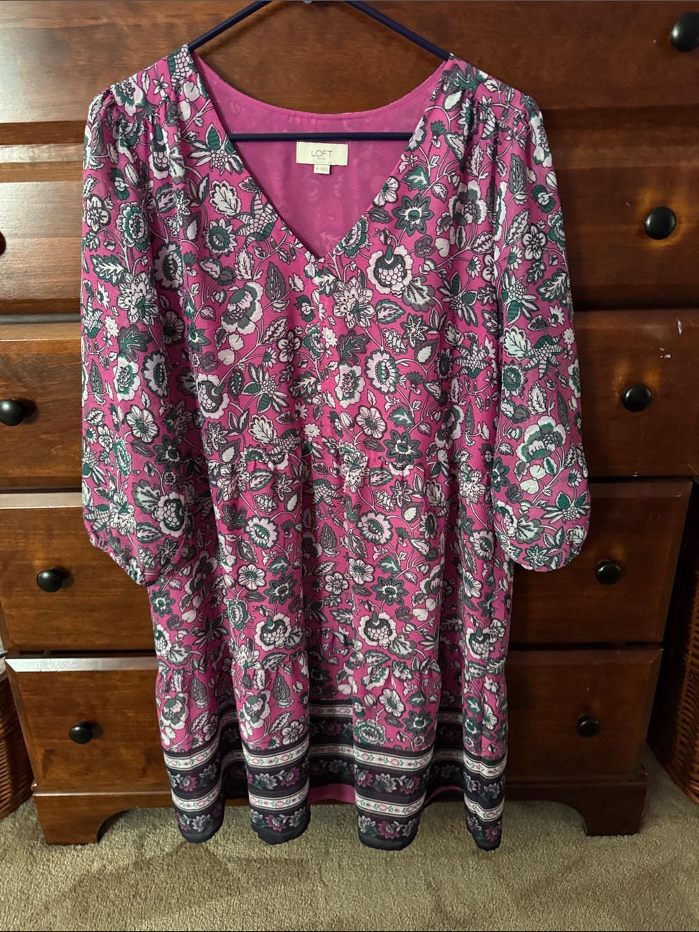 LOFT Magenta Floral V-Neck Midi Dress